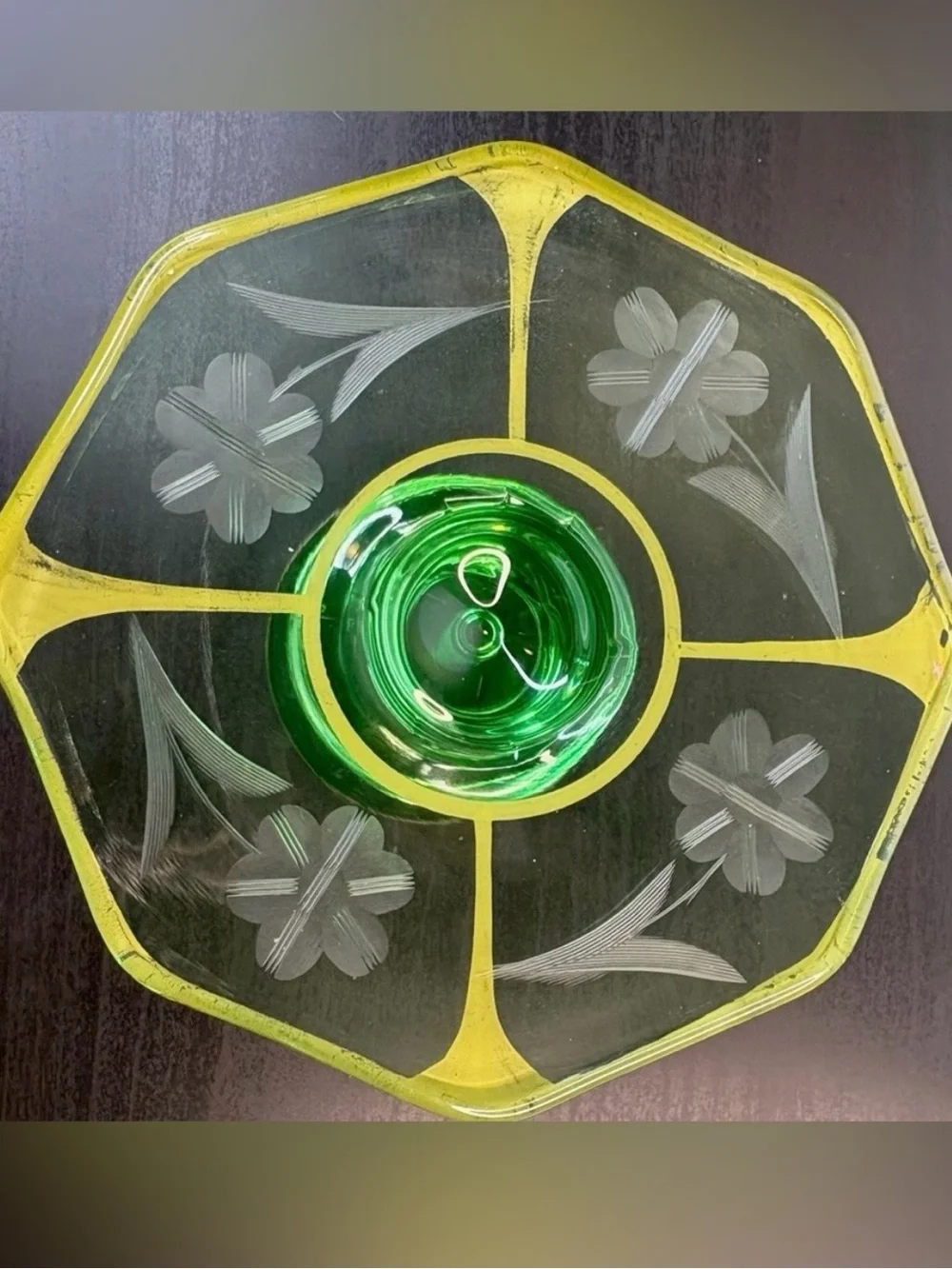 Antique 1930s Uranium Glass Etched Floral Gold Candlesticks Pair